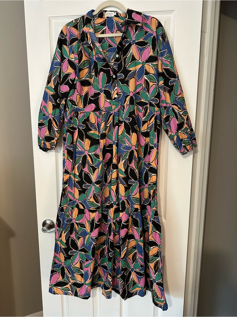 Long Sleeve Floral Tiered Maxi Dress in Black Multicolor by Unknown Brand
